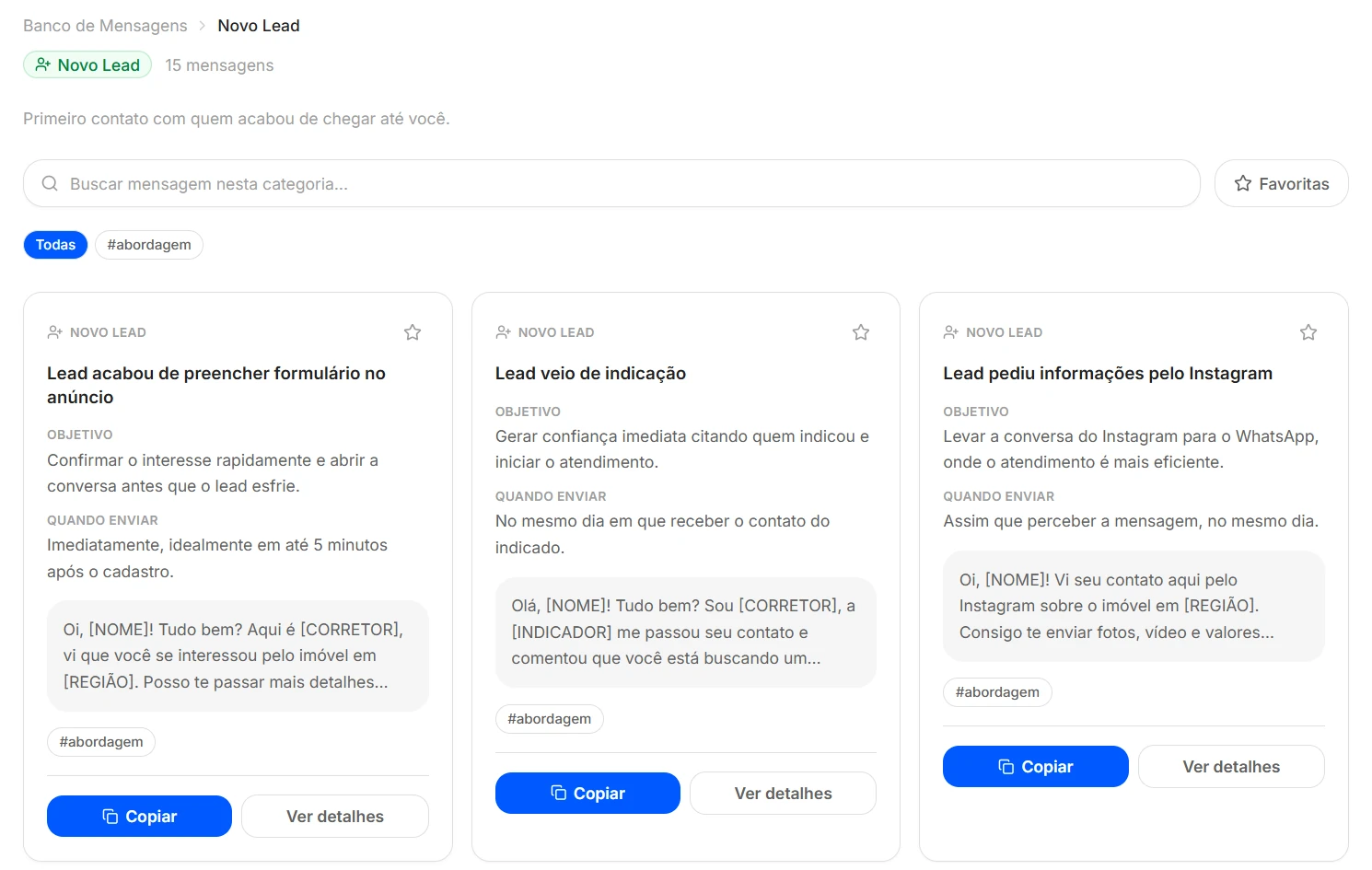 Banco de Mensagens do Central do Corretor na categoria Novo Lead, com mensagens prontas para copiar