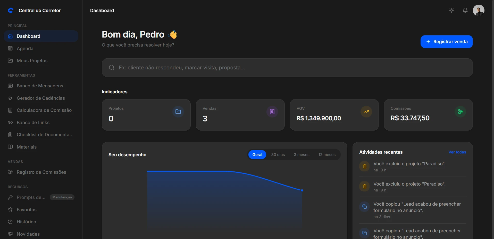 Dashboard do Central do Corretor no tema escuro