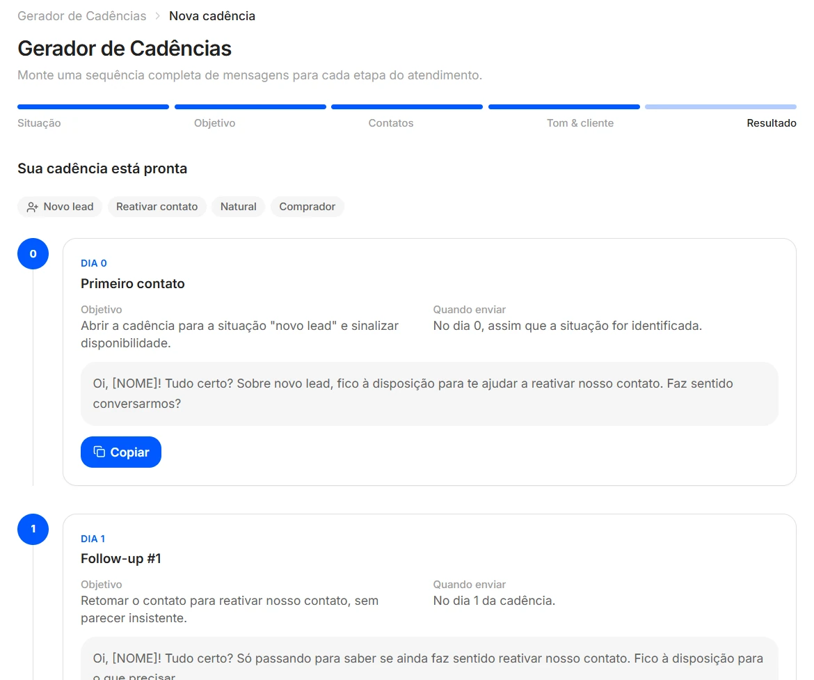 Cadência de follow-up gerada pelo Central do Corretor, com as mensagens do dia 0 e do dia 1